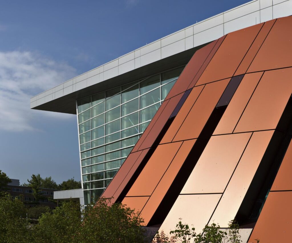 Exterior Education Sector Facade Trespa Compact Metallics M53 0 1 Copper Red Uni Col A14 7 2 Deep Red Brown Mishigan State Universitys Brody Hall c