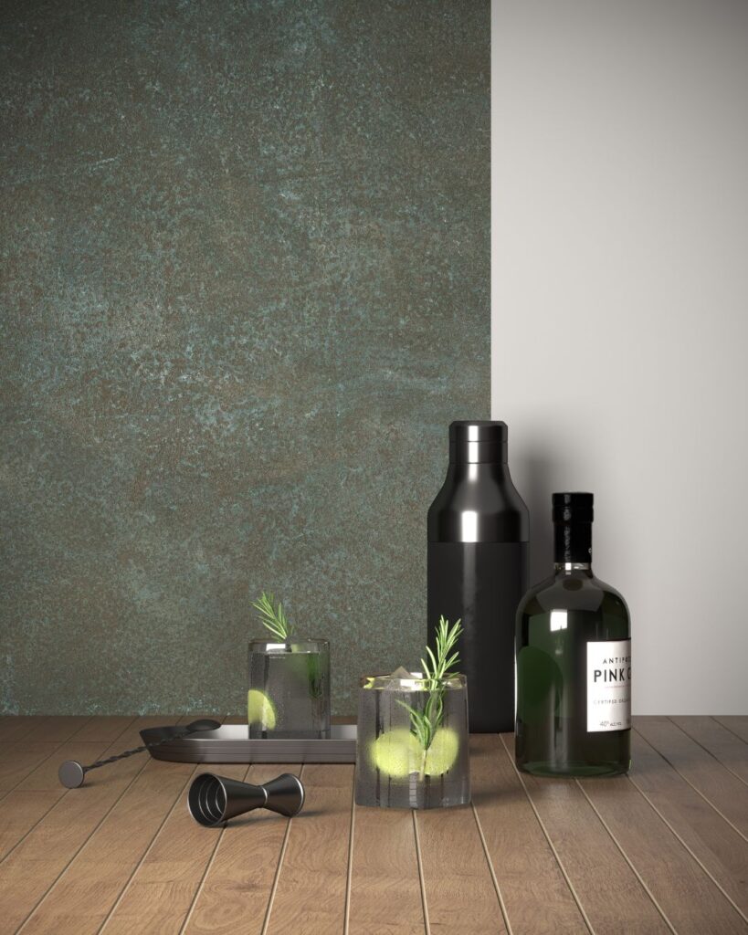 MoodBoard H.P.L. Arpa 3512 Brera Green Rora finish Bloom Technology 0210 Grigio Medio Lucida finish
